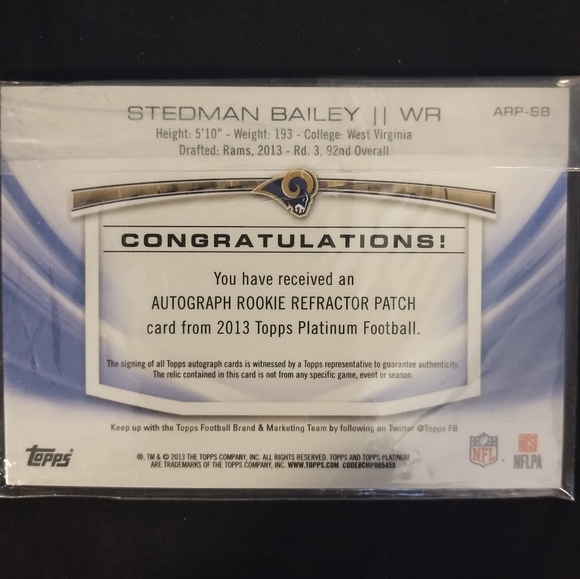 Stedman Bailey 2013 Rookie Card Topps Platinum Auto Refractor Patch Card Rams - Picture 2 of 9
